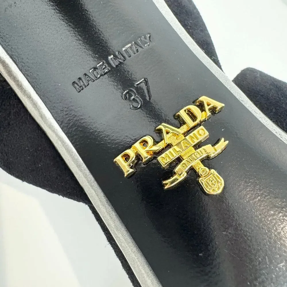 PRADA Black Suede Strappy Silver Buckle Heels 37 Stiletto Leather Sandal Shoes